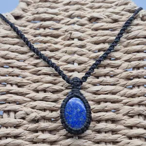 Lapis Lazuli Macrame Necklace: Woven Blue Gemstone Pendant