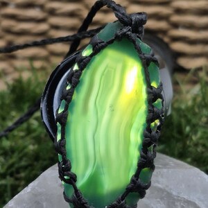 Green Agate Slice Necklace: Macrame Wrapped Brazilian Crystal