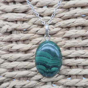 Malachite Cabochon Silver Necklace: Unisex Healing Stone