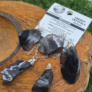 Raw Black Obsidian Necklace - Stainless Steel Chain