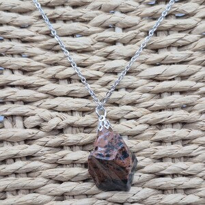Rough Brown Obsidian Necklace - Steel Chain Crystal Pendant