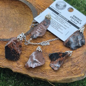 Rough Brown Obsidian Necklace - Steel Chain Crystal Pendant