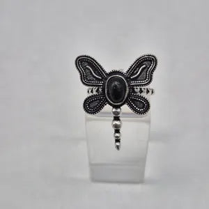 Black Tourmaline Butterfly Ring – Silver Plated Adjustable Gemstone Ring