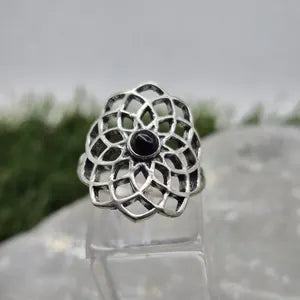 Black Tourmaline Silver Plated Adjustable Ring for Women