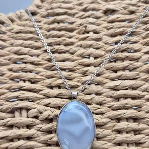 Blue Lace Agate Necklace Cabochon Cut Sterling Silver 925 Bezel Pendant