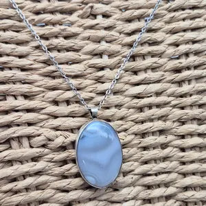 Blue Lace Agate Necklace Cabochon Cut Sterling Silver 925 Bezel Pendant