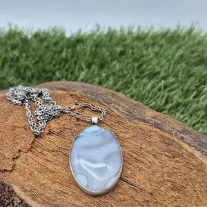 Blue Lace Agate Necklace Cabochon Cut Sterling Silver 925 Bezel Pendant