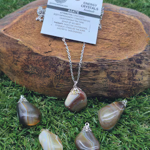Natural Agate Crystal Necklace - Stainless Steel Chain