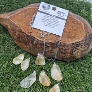 Natural Polished Citrine Necklace - Stainless Steel Chain