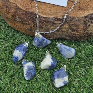 Natural Sodalite Necklace - Steel Chain Crystal Pendant