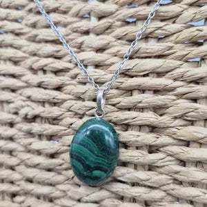 Malachite Cabochon Silver Necklace: Unisex Healing Stone