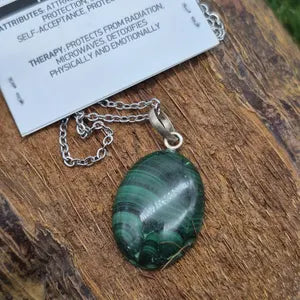 Malachite Cabochon Silver Necklace: Unisex Healing Stone