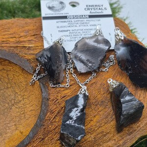 Raw Black Obsidian Necklace - Stainless Steel Chain