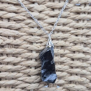Raw Black Obsidian Necklace - Stainless Steel Chain