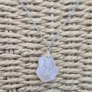 Raw Rose Quartz Necklace - Steel Chain Crystal Pendant