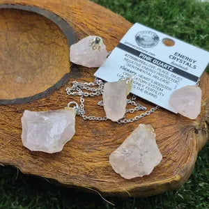Raw Rose Quartz Necklace - Steel Chain Crystal Pendant