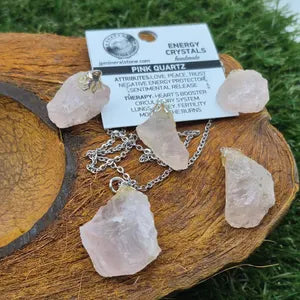Raw Rose Quartz Necklace - Steel Chain Crystal Pendant