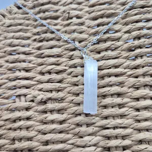Raw Selenite Stick Necklace – Natural White Crystal Stainless Steel Jewelry