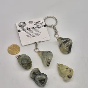 Polished Prehnite & Black Tourmaline Keychain – Green Black Crystal Gemstone Accessory