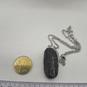 Raw Black Tourmaline Pendant Necklace in Silver Bezel with Steel Chain