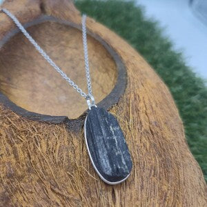 Raw Black Tourmaline Pendant Necklace in Silver Bezel with Steel Chain