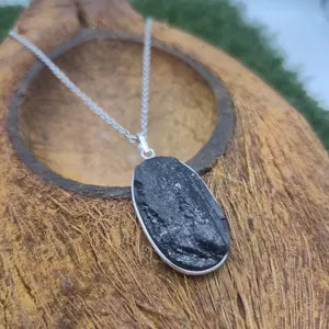 Raw Black Tourmaline Pendant Necklace in Silver Bezel with Steel Chain