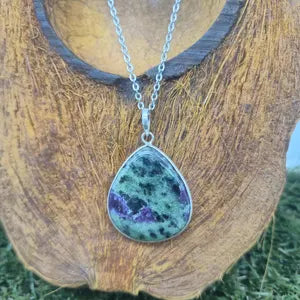 Ruby Zoisite Necklace – Gemstone Pendant in Silver Bezel with Stainless Steel Chain