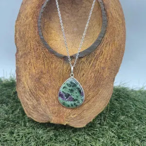 Ruby Zoisite Necklace – Gemstone Pendant in Silver Bezel with Stainless Steel Chain