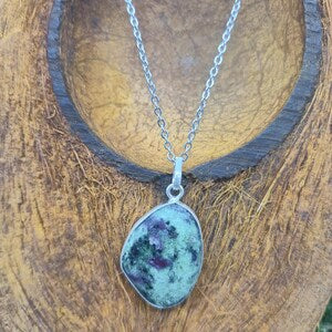 Ruby Zoisite Necklace – Gemstone Pendant in Silver Bezel with Stainless Steel Chain