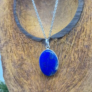 Lapis Lazuli Necklace – Silver Bezel Pendant on Stainless Steel Chain
