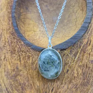 Prehnite with Βlack Tourmaline Inclusions Necklace Silver 925