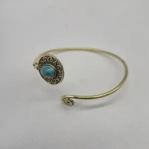 Turquoise Brass Adjustable Bracelet – Handmade Gemstone Jewelry for Women