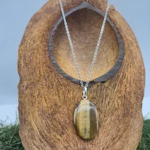 Handmade Yellow Tiger's Eye Pendant: Steel Chain, Healing Crystal