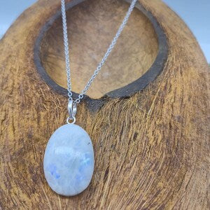 Moonstone Necklace – Cabochon Gemstone Pendant with Stainless Steel Chain