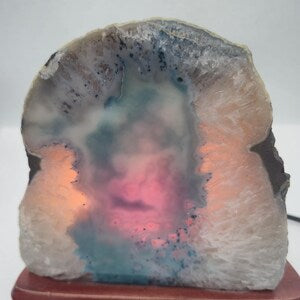 Blue Agate Crystal Lamp: Geode Slice on Wood Base