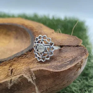 Labradorite Crystal Mandala Silver Plated Ring, Blue Stone Adjustable Ring