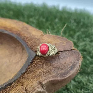 Natural Red Coral Brass Ring