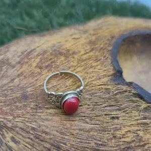 Natural Red Coral Brass Ring
