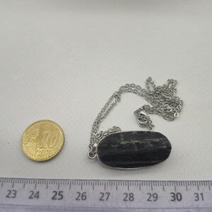 Raw Black Tourmaline Pendant Necklace in Silver Bezel with Steel Chain