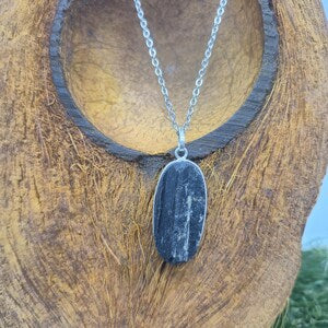 Raw Black Tourmaline Pendant Necklace in Silver Bezel with Steel Chain