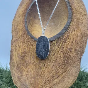 Raw Black Tourmaline Pendant Necklace in Silver Bezel with Steel Chain