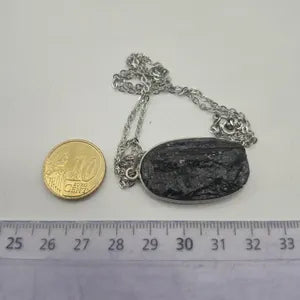 Raw Black Tourmaline Pendant Necklace in Silver Bezel with Steel Chain