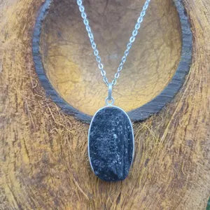 Raw Black Tourmaline Pendant Necklace in Silver Bezel with Steel Chain