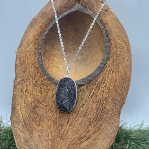 Raw Black Tourmaline Pendant Necklace in Silver Bezel with Steel Chain
