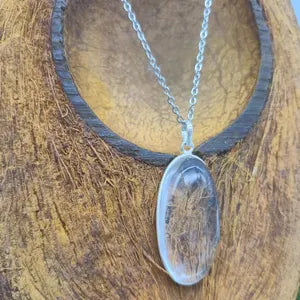 Clear Quartz Necklace – Crystal Pendant in Silver Bezel with Stainless Steel Chain