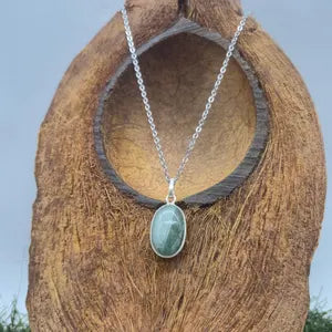 Green Aventurine Necklace – Crystal Pendant in Silver Bezel with Stainless Steel Chain