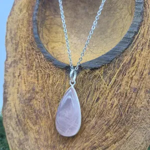 Rose Quartz Sterling Silver Necklace: Crystal Pendant with Stainless Steel Chain