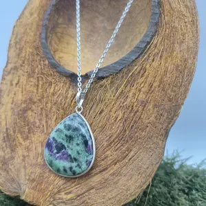 Ruby Zoisite Necklace – Gemstone Pendant in Silver Bezel with Stainless Steel Chain