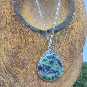Ruby Zoisite Necklace – Gemstone Pendant in Silver Bezel with Stainless Steel Chain
