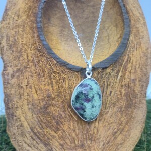 Ruby Zoisite Necklace – Gemstone Pendant in Silver Bezel with Stainless Steel Chain